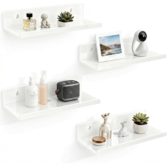 Acrylic Floating Shelves, Adhesive Wall Mount Command Shelves for Bathroom, Kitchen, Dorm - Renter-Friendly Easy Install Wall Shelves for Home Decor and Organization (Glossy White-4 Pack)