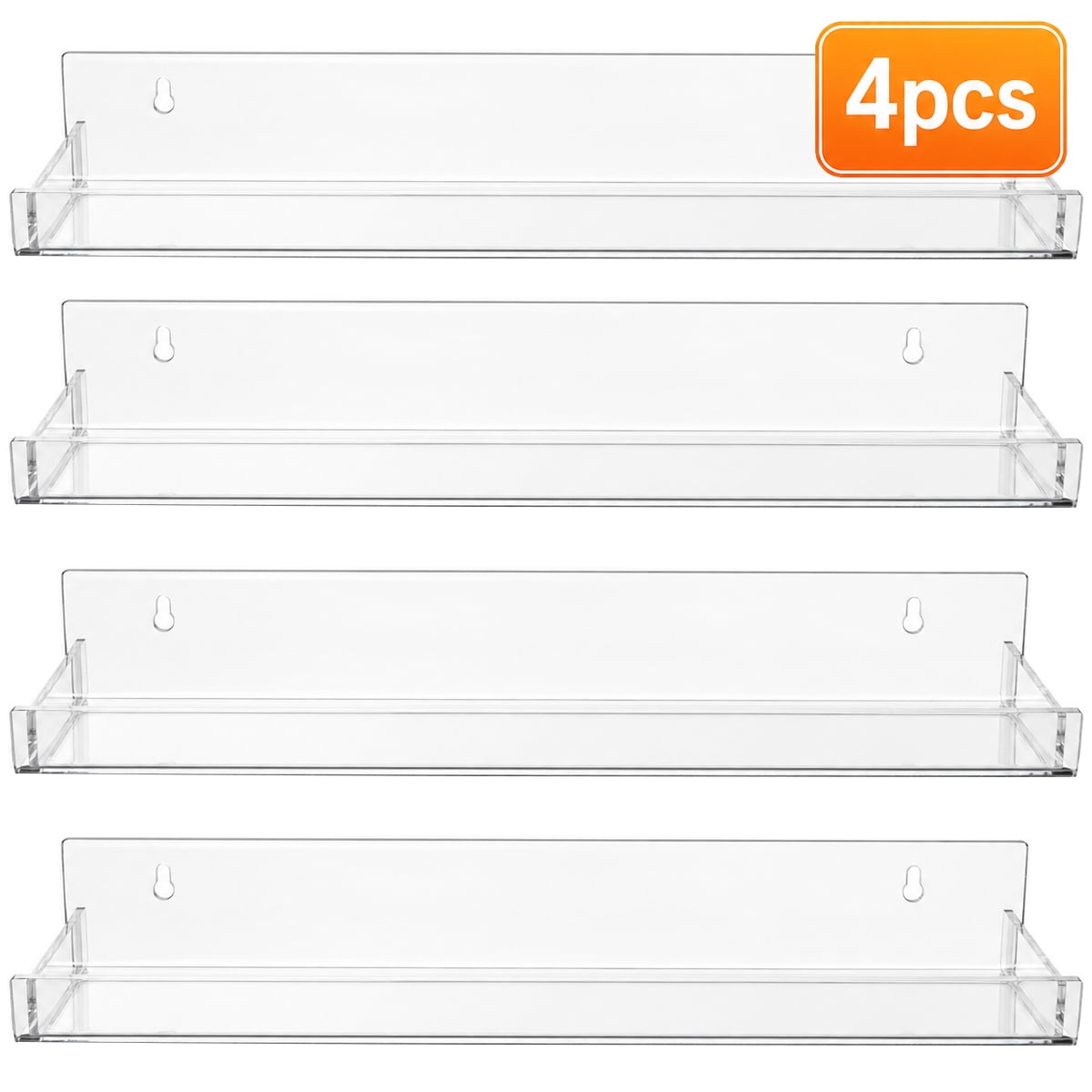Acrylic Floating Shelves Display Shelves for Kids Room - 15 Clear Wall Mounted Hanging Storage for Toys Books and Vinyl Records for Bedroom 4-Pack