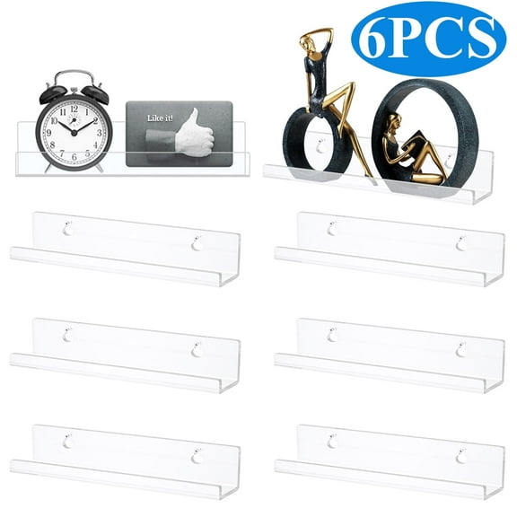 Acrylic Floating Shelves Wall Mounted Clear Acrylic Shelves Hanging Storage Toys Books  for Bedroom Living Room 12" 6 Pcs