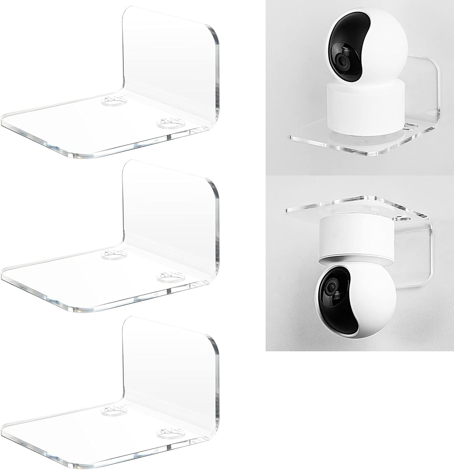 Acrylic Floating Wall Shelves Set of 3 for Security Cameras, Baby Monitors, Speakers - Universal Small Wall Shelf with Cable Clips, 10-Piece Strong Tapes, No Drill (Clear)