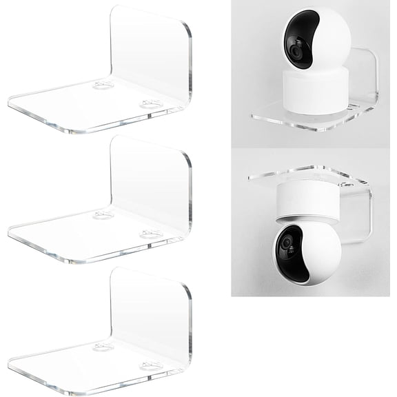 Acrylic Floating Wall Shelves Set of 3 for Security Cameras, Baby Monitors, Speakers - Universal Small Wall Shelf with Cable Clips, 10-Piece Strong Tapes, No Drill (Clear)