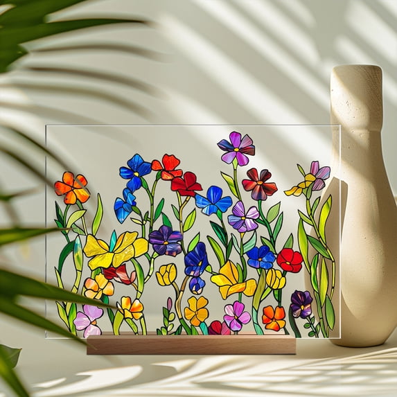Acrylic Floral Desktop Display, Printed Transparent Ornament, Wooden Base Decoration, Elegant Home Decor, Romantic Gift for Sisters and Friends Multicolour