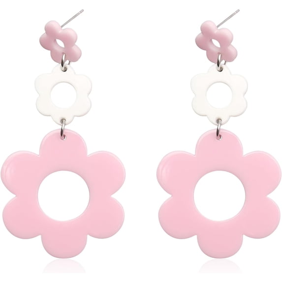 Acrylic Flower Earrings for Women,Double Daisy Drop Earrings,Resin Flowers Floral Earrings for Women Y2k Yellow White Flowers 60/70s Earrings
