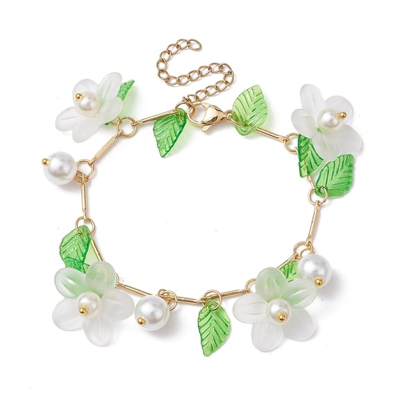 Acrylic Flower & Glass Pearl Charm Bracelets with Brass Chains White 6-7/8~7-1/8 inch(17.5~18cm)