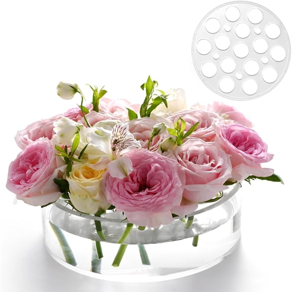Acrylic Flower Vase 8 in Dia. Circular Leak-Proof Clear Acrylic Low Vase with 16+5 Holes - Low-Profile Cylinder Floral Centerpiece for Table - Clear
