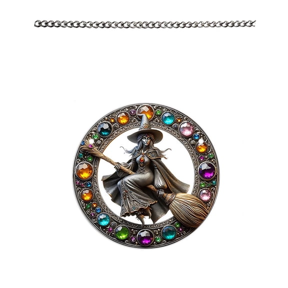 Acrylic Flying Witch Disc Pendant For Decoration With Gemstone And Broom Design Chain Included Size 7.87X7.87 Inches