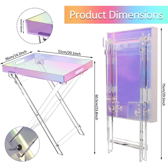 Acrylic Folding Tray Table, Rainbow Color Acrylic Coffee Table, Iridescent Side Table Modern Accent Square End Table for Living Room & Bedroom