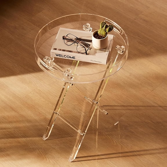 Acrylic Folding Tray Table with X Leg, Clear Side End Table for Living Room Bedroom Sofa
