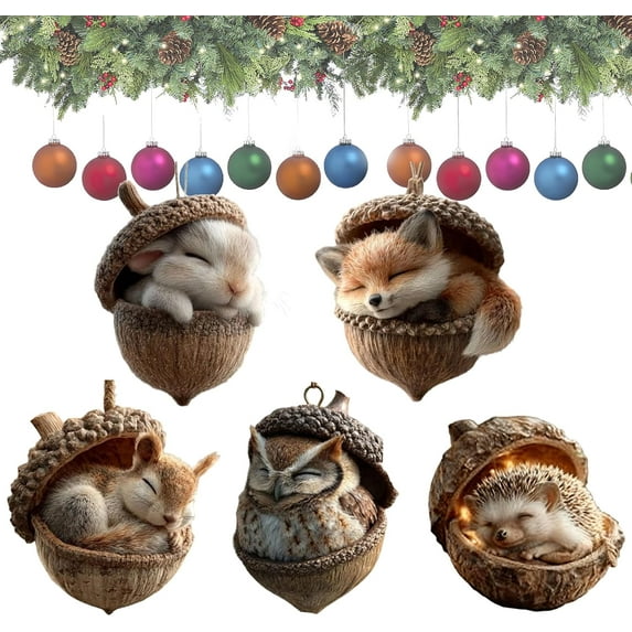 Acrylic Forest Animal Acorn Ornaments – Cozy Forest Christmas Ornaments, 2026 New Pine Cone Animal Decoration, Woodland Creature Figurine, Acrylic Hanging Ornament Home Party Décor (Mix -Pack of 5)