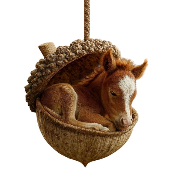 Acrylic Forest Animal Ornaments 2.5 Inch Hanging Decor for Christmas Tree, Cute Sleeping Foal Acorn Pendant for Home Fireplace Wall Window Nursery Party, 5 Pack