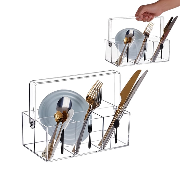 Acrylic Fork Spoon Storage Box Tableware Holder Clear 135.5x237x184mm Inner Diameter: 63x76mm and 63x232mm