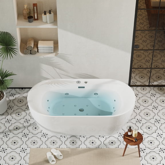 Acrylic Freestanding Bathtub with Jetted & Air Bubble System, Heated Hydrotherapy Tub with Massage Function, Professional Spa Experience at Home