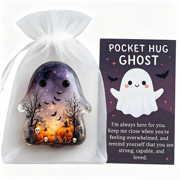 Acrylic Ghost Token with Inspirational Greeting Card, Orange Pumpkin Starry Sky Double Sided Print Pocket Keepsake, Heartwarming Gift for Students Partners Colleagues
