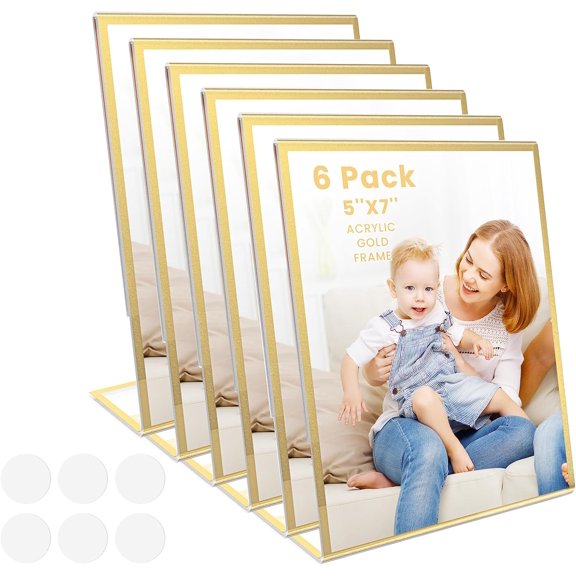 Acrylic Gold Frames 5X7, Slanted Back Gold Picture Frames Table Acrylic Sign Holder for Photos Wedding Table Numbers and Art Display with Removable Clear Sticky Dots,6 Pack