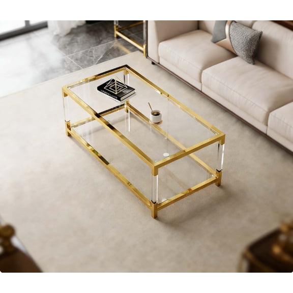 Acrylic & Gold Glass Coffee Table, Double Layer Tempered Glass Top with Modern Golden Frame, 47.2x23.6x17.7 Inch Contemporary Living Room Center Table