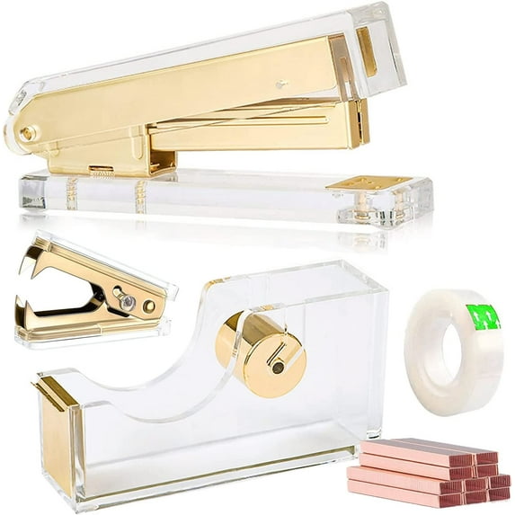 Acrylic Go Tape Dispenser & Desktop Stapler, Includes Staple Remover, Tape, 1000pcs Staples - Cute Office Stapler Set for Modern Design Desk Accessory Kit