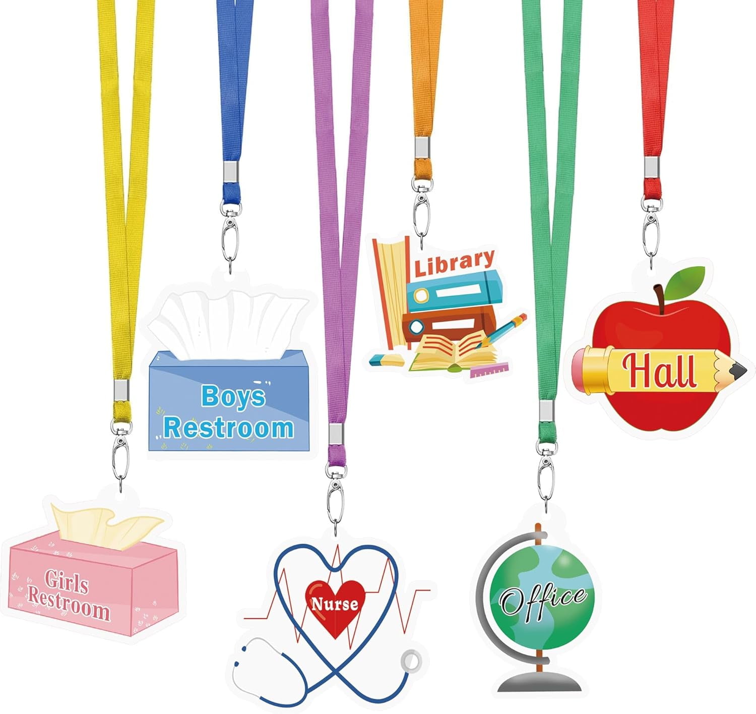 Acrylic Hall Pass Lanyards Cute Acrylic School Passes Set for Teachers Parents Classroom Passes for Bathroom, Library, Office and Nurse，Sets of 6