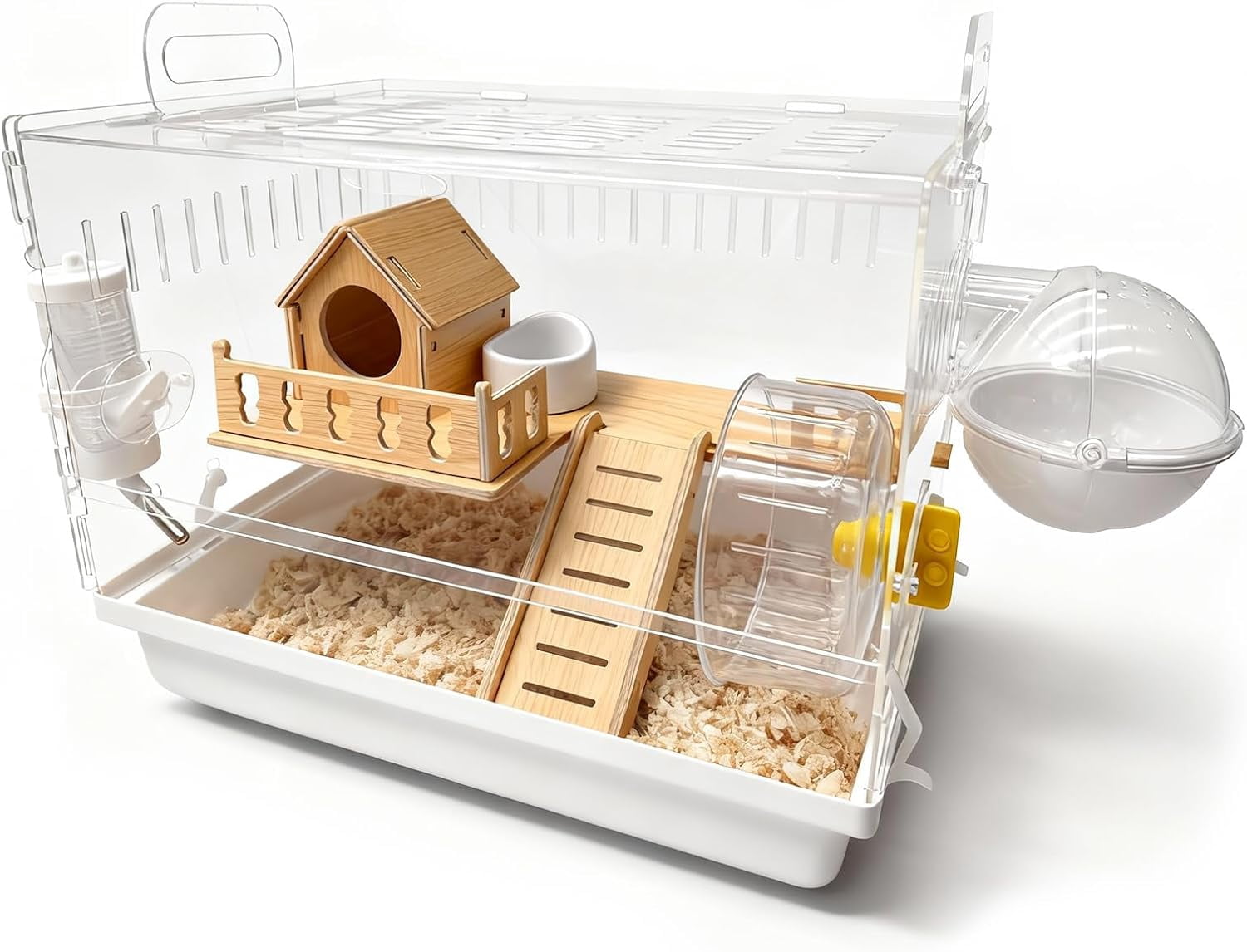 Acrylic Hamster Cage, 2-Tier Hamster Cage with Wooden Accessories for Dwarf Syrian Hamsters,14"x10"x*11" Clear Pet Mice Small Hamster Habitat Gerbils House
