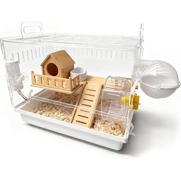 Acrylic Hamster Cage, 2-Tier Hamster Cage with Wooden Accessories for Dwarf Syrian Hamsters,14"x10"x*11" Clear Pet Mice Small Hamster Habitat Gerbils House