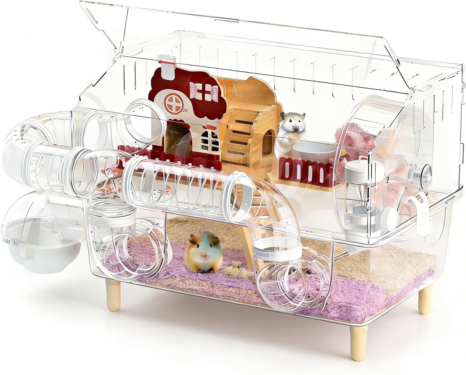 Acrylic Hamster Cage,8 in 1 Gerbil Cage with 360° Panoramic View,Top Open Mouse Cage with Tubes for Pet Mice,Dwarf Hamster,Gerbils (17.7"x13"x11.8")