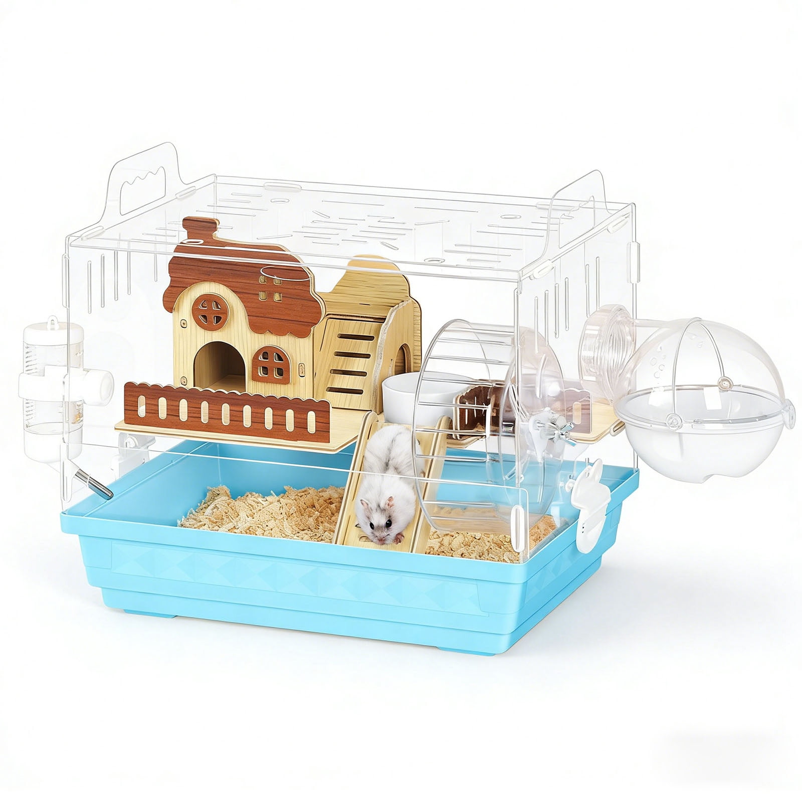 Acrylic Hamster Cage Starter Kit, Small Animal Habitat with Wheel, Water Bottle, Food Bowl, Small Hamster Habitat 360 Viewing, Hideout & Staircase,  for Dwarf, Guinea Pig, Gerbils