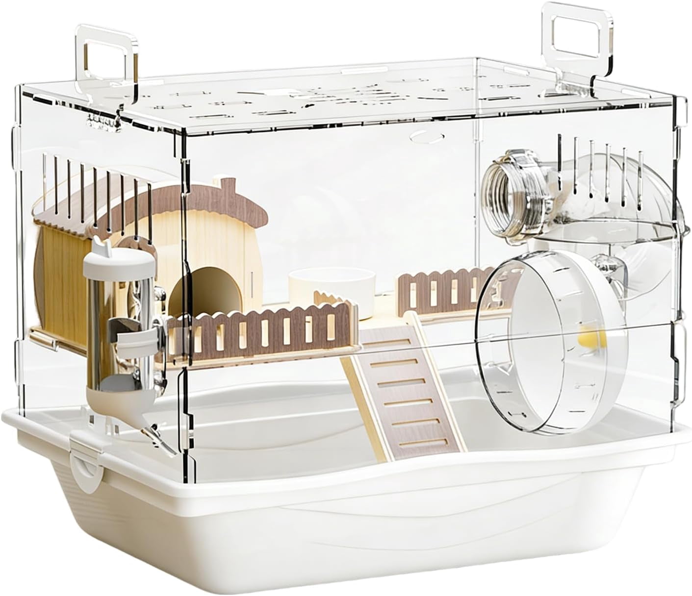 Acrylic Hamster Cage with Wooden Wheel, Clear Double Layer, for Hamsters Mice Gerbils