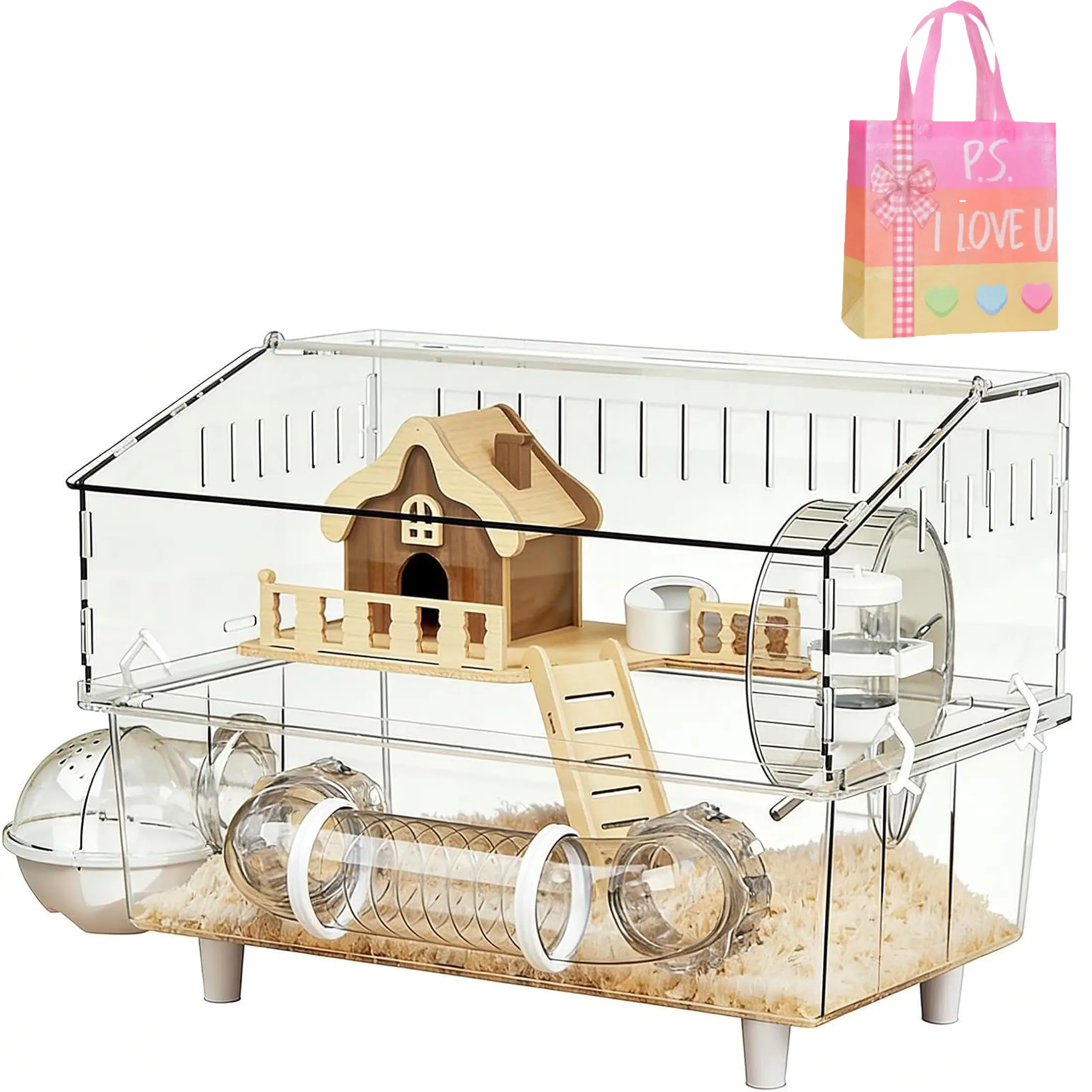 Acrylic Hamster Habitat Double Deck Cage, Clear Panel Enclosure with Airflow Vent for Small Animal Shelter