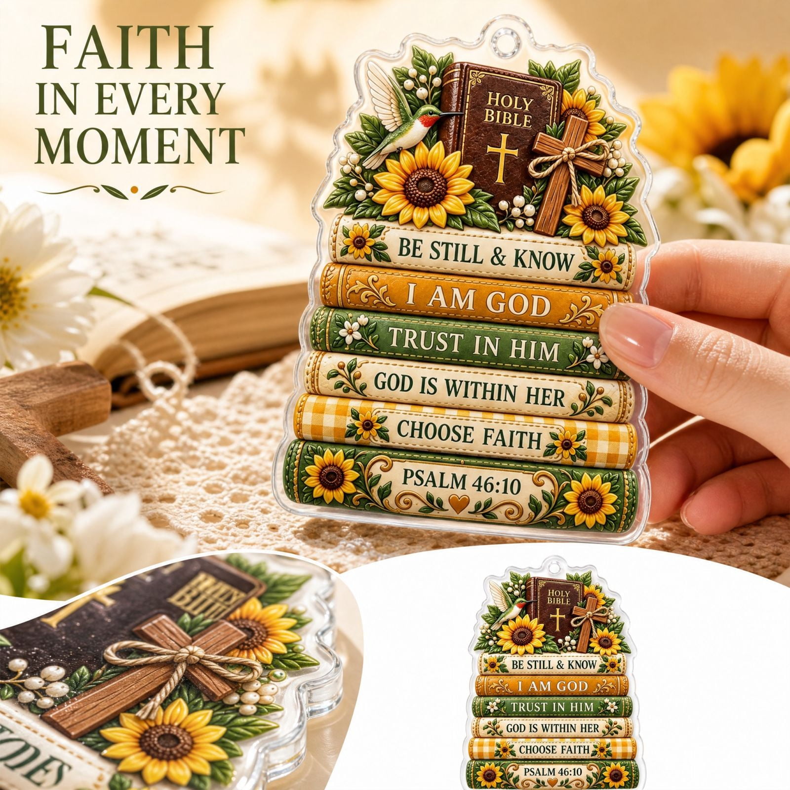 Acrylic Hanging Ornament with Sunflower Bible Verse Book Stack Design ...