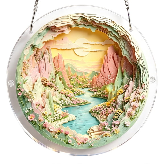 Acrylic Hanging Puzzle Art Panel Layered Landscape Design with Chain for Wall or Window Display Home Decoration