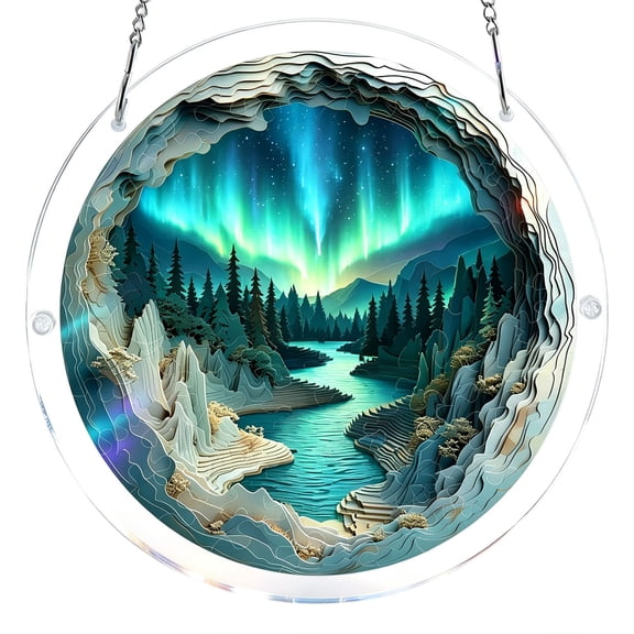 Acrylic Hanging Puzzle Ornament with Layered Landscape Design and Northern Lights Scene for Home Decoration