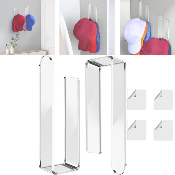 Acrylic Hat Organizer for Baseball Caps Wall,2Pack Acrylic Hat Hooks,Strong Adhesive Hat Holder for Wall Door Closet,Multi-Purpose Clear Hat Racks Display and Storage