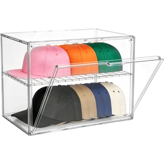 Acrylic Hat Storage Box, Clear Cap Display Case with Removable Compartment, Dustproof Organizer for Baseball Caps, Bags, Accessories, 14.2 x 9.8 x 10.6 Inch