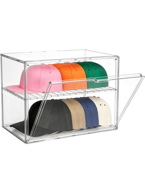 Acrylic Hat Storage Box, Clear Cap Display Case with Removable Compartment, Dustproof Organizer for Baseball Caps, Bags, Accessories, 14.2 x 9.8 x 10.6 Inch