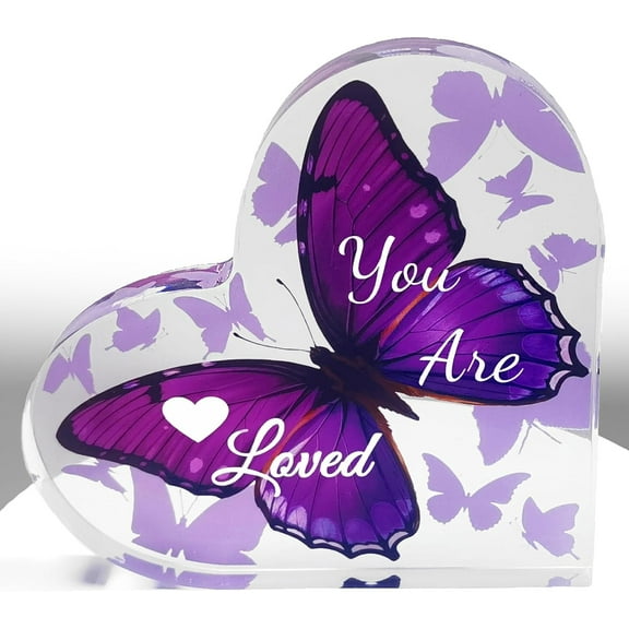 Acrylic Heart Gifts for Women Butterfly Desk Decor Inspirational Engraved Keepsake for Friend Decoration Table Centerpiece Thank You Birthday Present (You are loved- Purple)