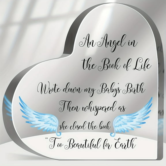 Acrylic Heart Plaque "An Angel in the Book of Life" Blue Wings Design Baby Beth Memorial Office Sympathy Gift for Women Men 4 Inch
