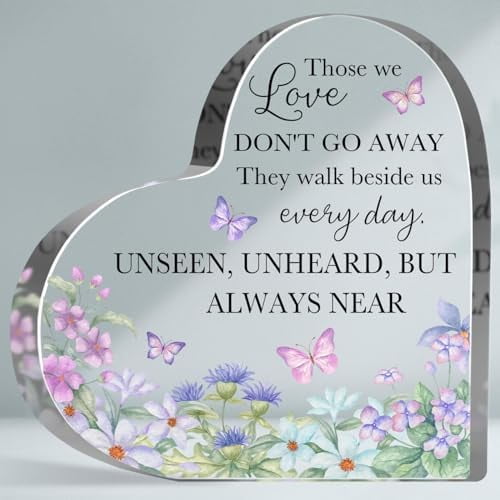 Acrylic Heart Plaque Memorial Gift for Loss of Loved One Butterfly Floral Decoration Heart Shaped Decor Sign Home Office Desk Table Shelf Display Bereavement Sympathy Gift 4"L x 4"W x 0.4"H Inch