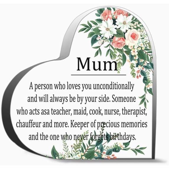 Acrylic Heart Plaque Mum Gift from Daughter Son Heart Shaped Decor Sign Home Office Desk Table Shelf Display Appreciation Inspirational Keepsake Gift for Women 4X4 Inch