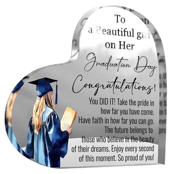 Acrylic Heart Shaped Graduation Season Desktop Ornament Graduation Day Congratulation Keepsake for Students Teachers Office Home Decor