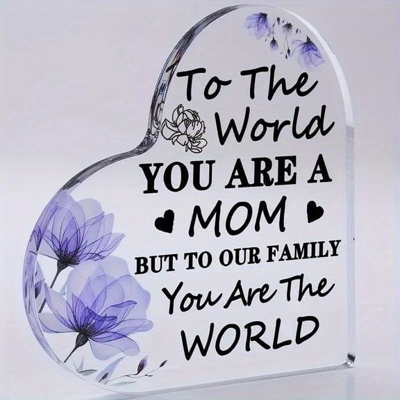 Acrylic Heart Shaped Mothers Day Plaque 3.9X3.9 Inch Purple Floral Design Sentimental Gift From Daughter Son Tabletop Decorative Sign Ideal For Birthday Valentines Day Home Office