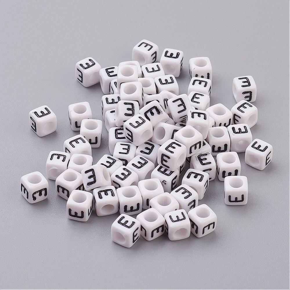 Acrylic Horizontal Hole Letter Beads Cube White Letter E Size: 6mm wide 6mm long 6mm high hole: 3.2mm 2600pcs/500g