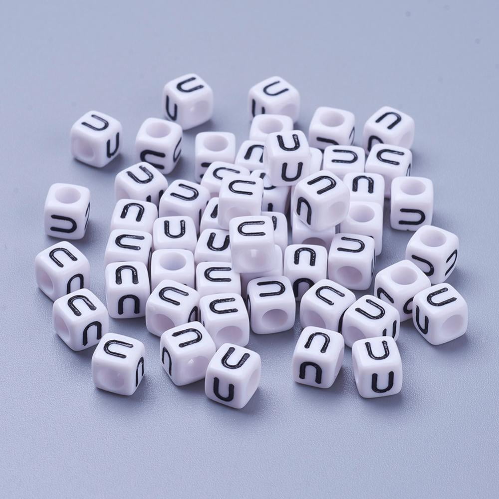 Acrylic Horizontal Hole Letter Beads Cube White Letter U Size: 6mm wide 6mm long 6mm high hole: 3.2mm 2600pcs/500g DIY