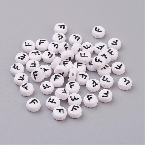 Acrylic Horizontal Hole Letter Beads Flat Round White Letter F 7x4mm Hole: 1.2-1.8mm