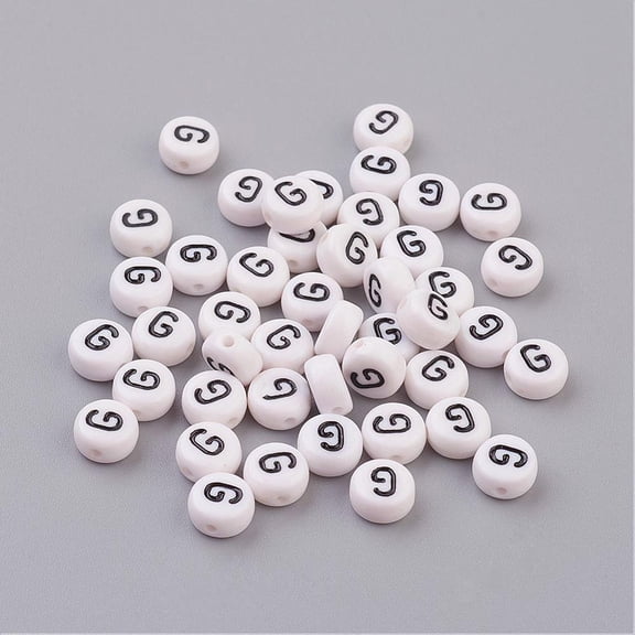 Acrylic Horizontal Hole Letter Beads Flat Round White Letter G 7x4mm Hole: 1.2~1.8mm