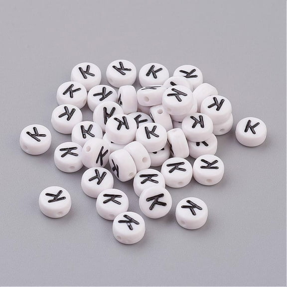 Acrylic Horizontal Hole Letter Beads Flat Round White Letter K 7x4mm Hole: 1.2~1.8mm