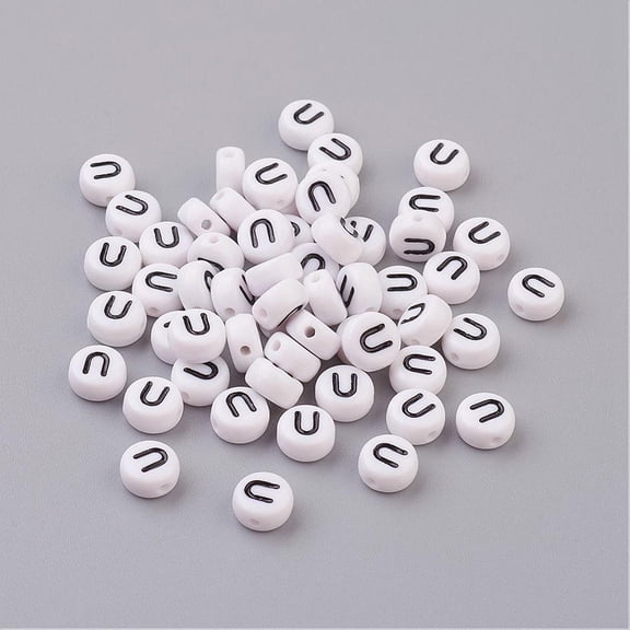 Acrylic Horizontal Hole Letter Beads Flat Round White Letter U 7x4mm Hole: 1.2~1.8mm