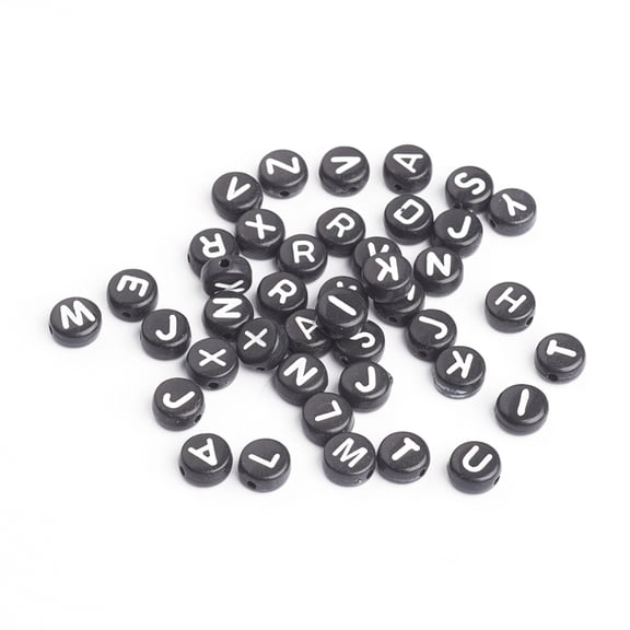Acrylic Horizontal Hole Letter Beads Mixed Letters A to Z double-side pattern Flat Round Black 7x4mm Hole: 1mm