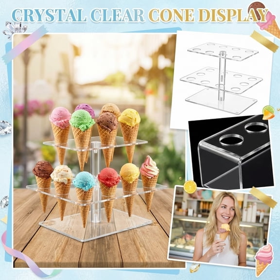 Acrylic Ice Cream Cone Holder 2 Tier Waffle Cone Display Stand with 24 Holes Clear Double Food Display Stand Rack for Charcuterie Cones Birthday Party Weddings Waffle Displaying Round