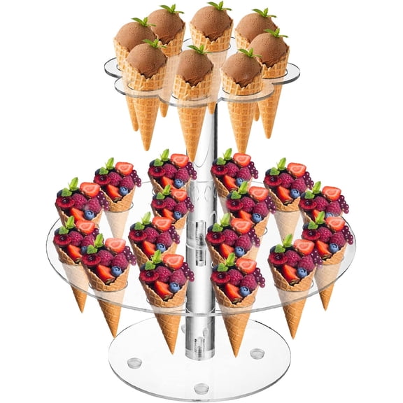 Acrylic Ice Cream Cone Holder, 24 Holes Waffle Sushi Hand Roll Stand Double Layer Cone Display Stand, Clear Food Display Stand Rack for Birthday Parties, Weddings, Christmas, Flower Shape