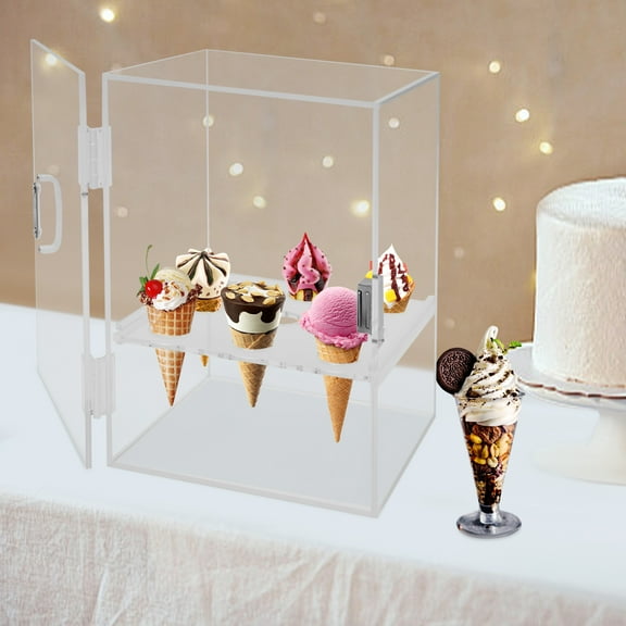 Acrylic Ice Cream Cone Holder Stand,9 Holes Ice Cream Cone Display Case Countertop,Transparent Waffle Cone Holder Egg Roll Display Case with Door&Handle and Removable Shelf