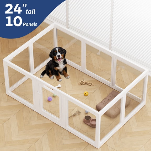 Clear Acrylic Dog Playpen Indoor, 10-Panel Premium Pet Play Pen for Puppies, Cats & Rabbits, Heavy Duty Foldable Dog Fence Crate Kennel, White (24" Height)